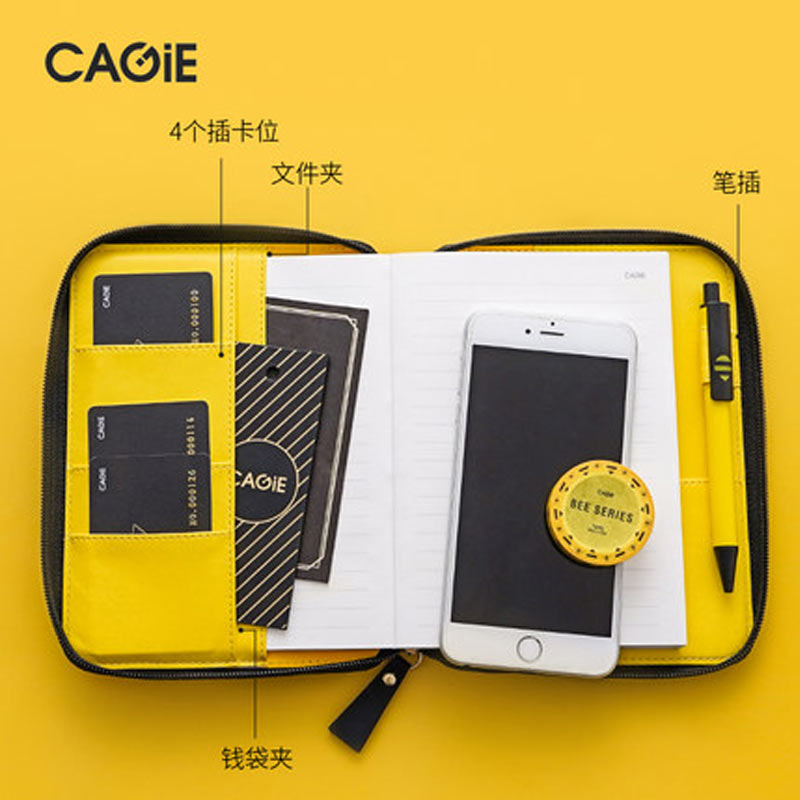 Cajie Yellow Bee Storage Zip Bag Travel Notebook B6 190x150mm Planner Cover With 125x175mm 128 Sheets Filler Pages Pen Note Book