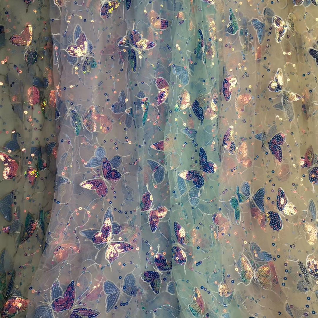 5 yard Butterfly Embroidery Sequin Fabric Mesh Lace Tulle Fabric Sewing Supplies Tela Fabric for Dress