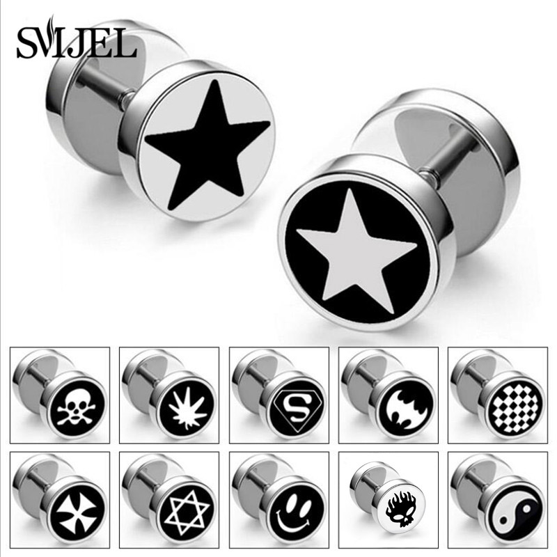 SMJEL Punk Stainless Steel Star Studs Faux Fake Ear Plugs Flesh Tunnel Gauges Tapers Stretcher Earring Piercing Jewelry