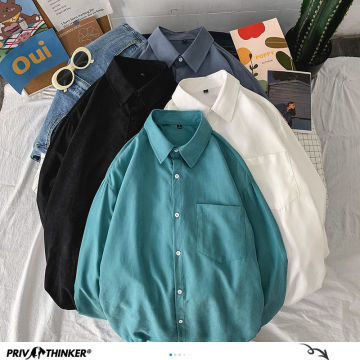 Privathinker Solid Color Oversized Basic Men's Shirts 2020 Harajuku Men Casual Long Sleeve Shirt Tops Streetwear Man Blouse