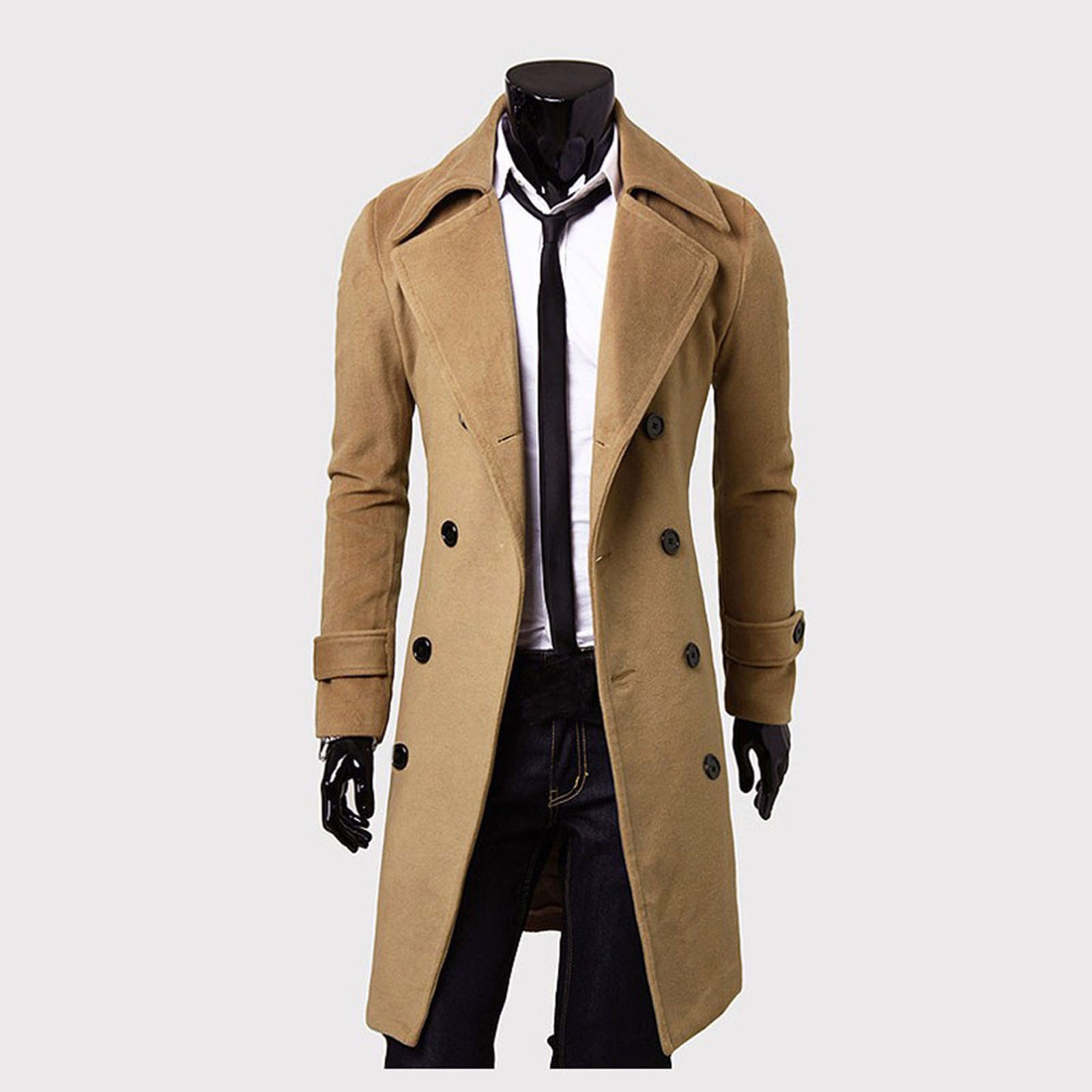 Winter Men Slim Stylish Trench Coat Double Breasted Long Jacket Parka Casual long men's woolen fleece warm windbreaker jacket