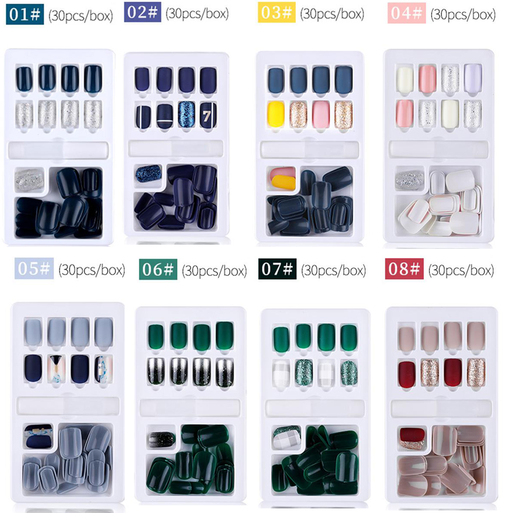 30Pcs Short Fake Nails Reusable Detachable Acrylic Nail Stick Artificial False Nail Tips Press On Full Cover Nail Extension Tool