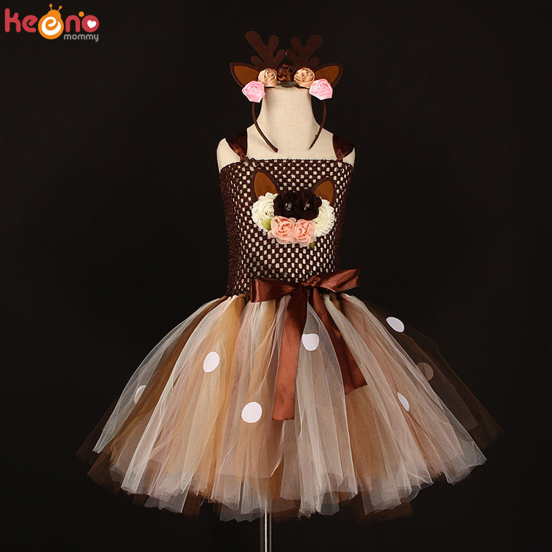 Deer Costume Girls Halloween Christmas Fancy Dress Flower Reindeer Bambi Kids Tutu Dress with Headband Children New Year Clothes