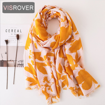 VISROVER 2021 fashion summer leaf printing viscose scarf with small fringer Fashion Wraps Shawls Summer Beach Hijab wholesales