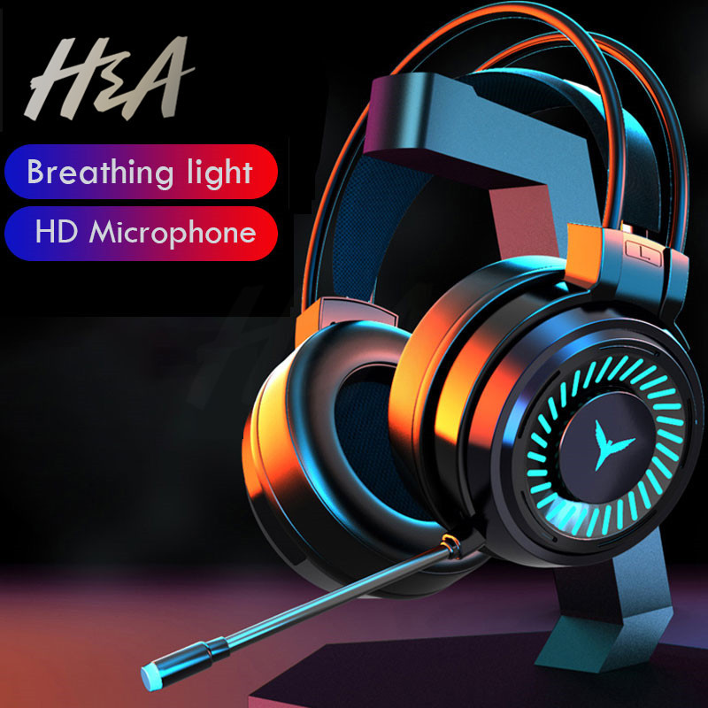 H&A Gaming Headsets Gamer Headphones Surround Sound Stereo Wired Earphones USB Microphone Colourful Light PC Laptop Game Headset