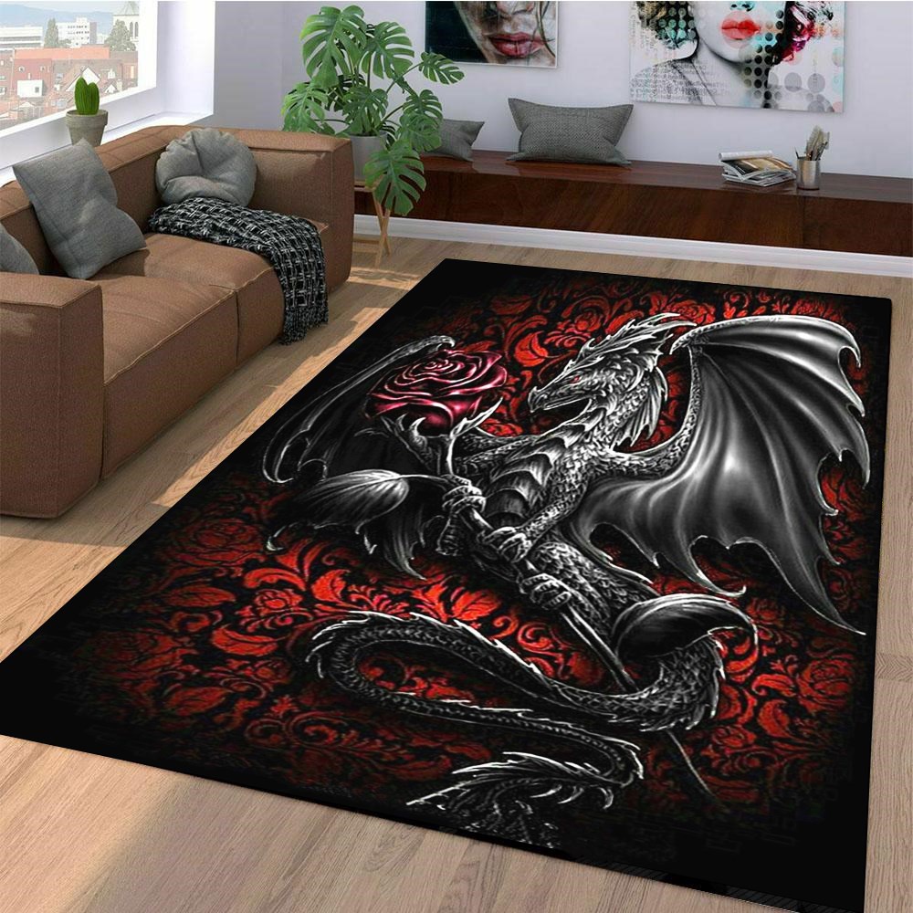 Black Dragon With Rose Soft Rugs Bedroom Living Room , Floor Mat, Non Slip Rugs, Halloween Rugs, Rugs Decor