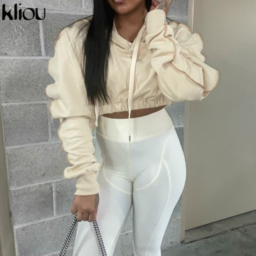 Kliou Solid Hoodie Sweatshirt Women Autumn Long Sleeve Casual Streetwear Drawstring Slim Crop Top Female Fashion Outfits Hot