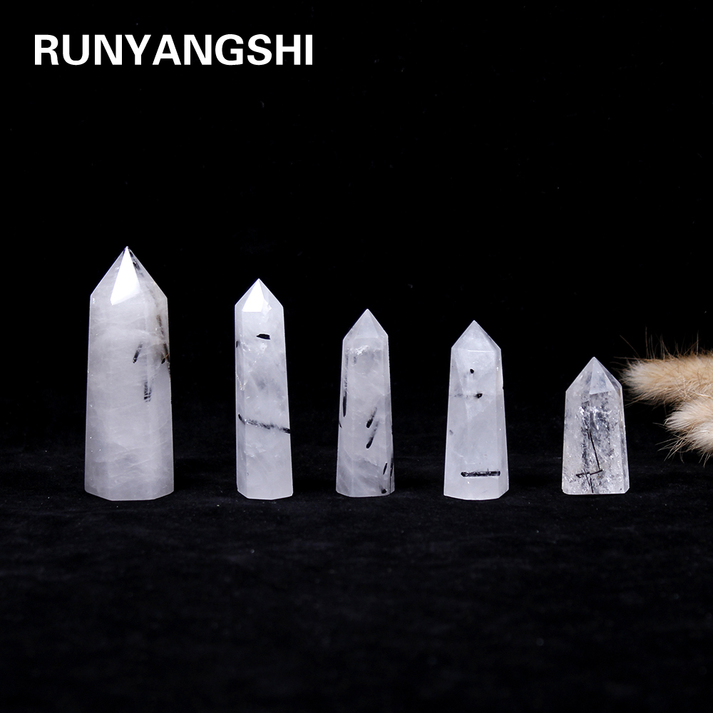 Runyangshi 1pc Natural single point Black hair quartz crystal hexagonal prism Tourmaline crystal column Energy stone