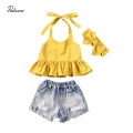 2020 Baby Summer Clothing Infant Kids 1-6T Baby Girls Shirt Dress Top Denim Ripped Shorts 2Pcs Set