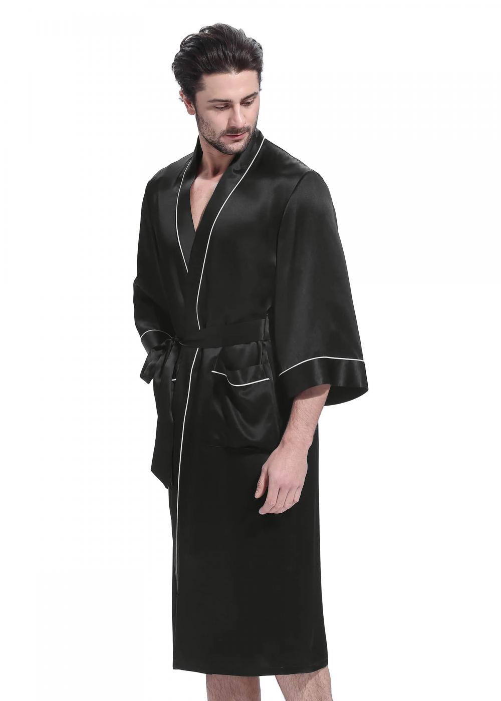 19 Momme Kimono Men's Sleepwear Silk Robe with Piping Pure Color Long Kimono Bathrobes Soft Nightgown