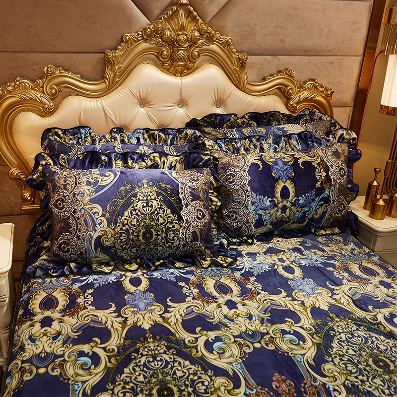 Luxury Blue Pink Purple European Printing Soft Flannel Fleece Velvet Lace Bed Skirt Bed Sheet Bed Cover Pillowcases Bedding Set