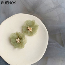 BUENOS Korean fairy retro olive green flower earrings exaggerated fresh lace earrings without pierced ear clip women earrings