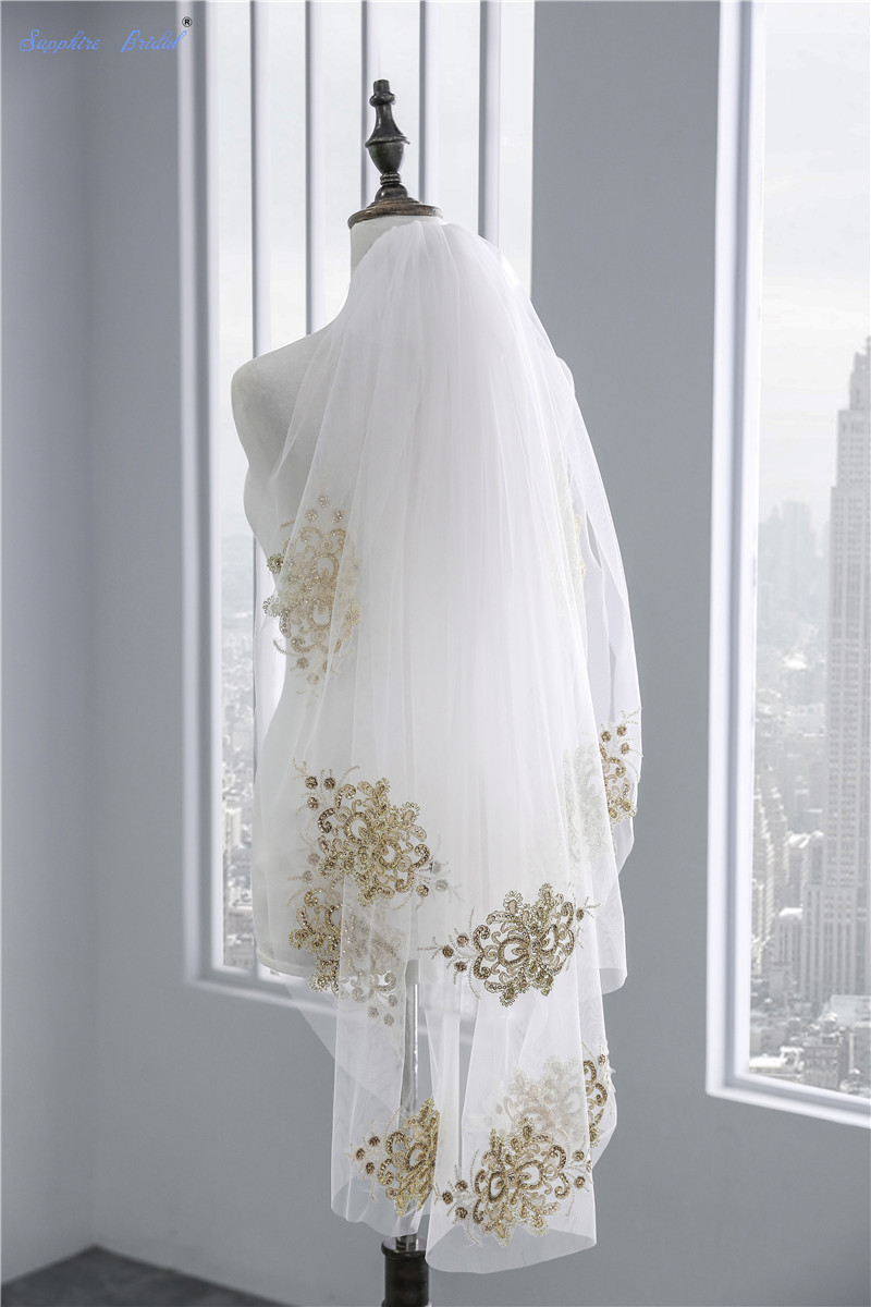 Sapphire Bridal 2 Tiers Short Tulle Veils Velo De Novia White Ivory Veil Gold Lace Tulle Elbow Length Bridal Veils Hot Sale
