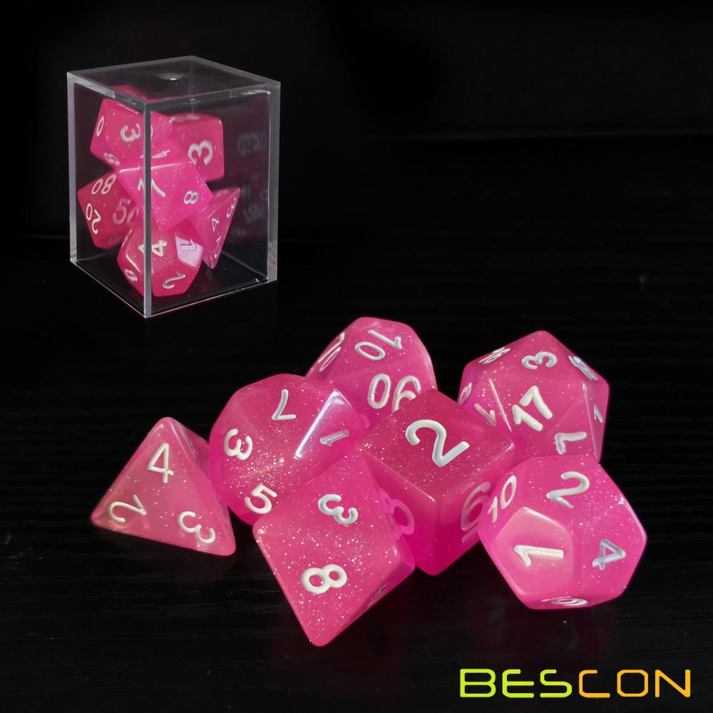 Bescon Intensive Glitter Dice 7pcs Set PINK PRINCESS, Novelty RPG Dice Set d4 d6 d8 d10 d12 d20 d%, Brick Box Packaging