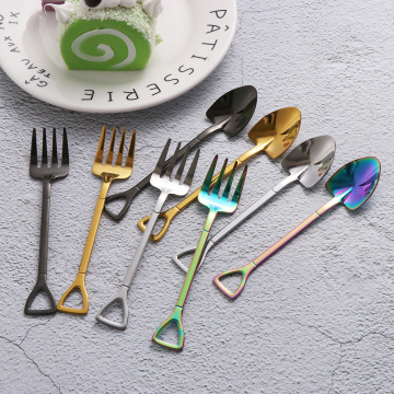 1PC Long Handle Multi-color Stainless Steel Shovel Shape Spoon Forks Soup Coffee Ice Cream Tableware Kitchen Dinning Accessory