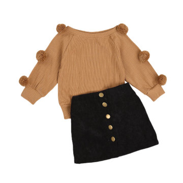 2020 Autumn Winter Kids Baby Girl Long Sleeve Ball Knitting Sweater Tops A-line Button Skirt 2PCS Girls Clothing Set