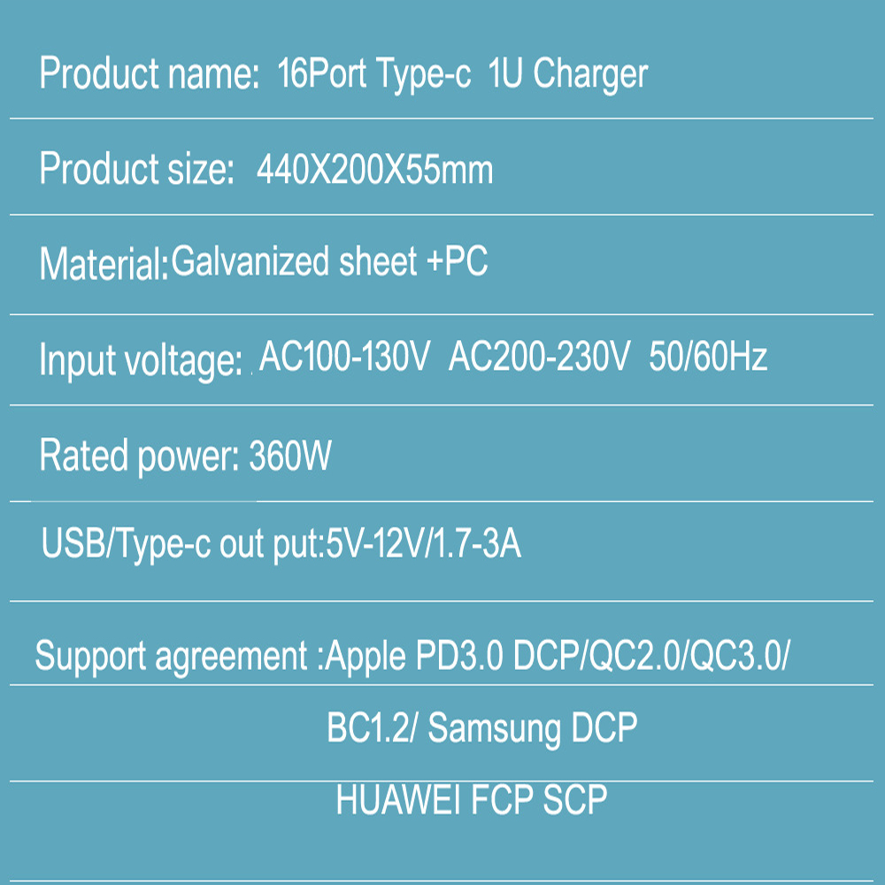 Parameters of the cabinet 16-port charger