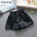 Spring Autumn Girls Pu Shorts Baby Shorts Kids Bottoms Children Clothes New Faux Leather Bow Patch Pleated Bud Waist 2 To 14 Yrs