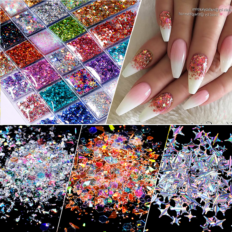 6 grid/bag Mixed Nail Glitter Powder Sequins Colorful Nail Flakes Sticker 3D DIY Nail Sliders Dust For Nail Art Decorations