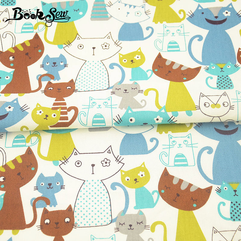 Booksew 100% Cotton Twill Fabric Sewing Cloth Quilting DIY Doll Pillow Baby Patchwork Cat Animal Design Home Textile Tecido