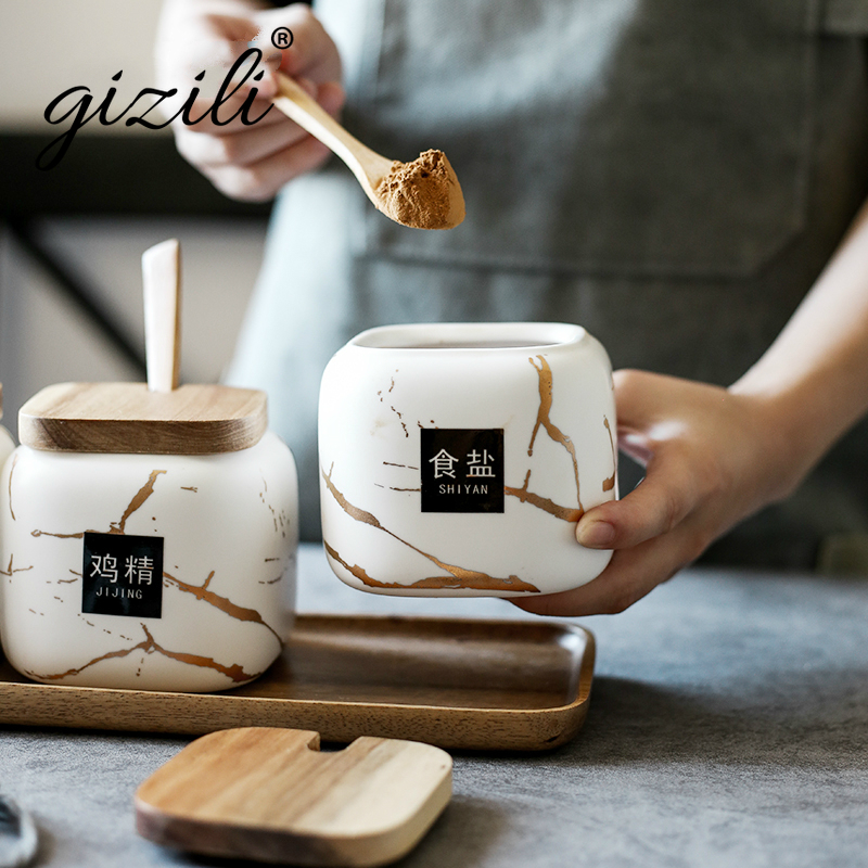Nordic Matte Marbled Ceramic Seasoning Can Creative Kitchen Tank Set Wooden Cover/Tray Salt Shaker Spice Jar Kitchen Accessories