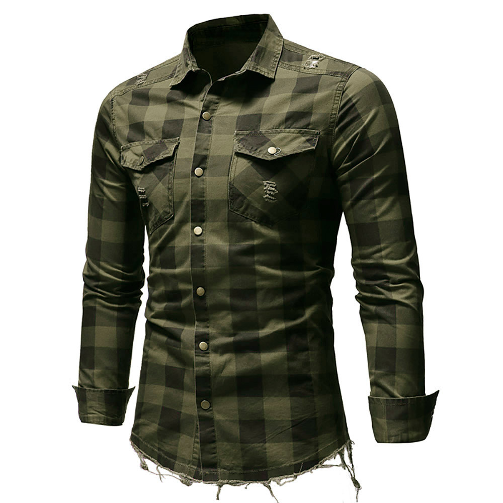 Men's Shirt Slim Fit Button Plaid With Pocket Long Sleeve Tops Blouse Autumn Winter Button Casual Cotton Long Sleeve Blouse