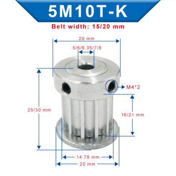 Timing Pulley 5M-10T Bore Size 5/6/6.35/7/8 mm Aluminum Belt Pulley Slot Width 16/21 mm For Width 15/20mm 5M-rubber timing belt