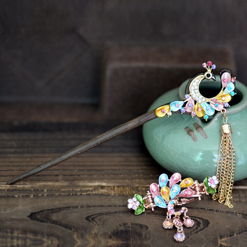 Retro Peacock Charm Hair Stick Painting Chinese Style Vintage Hair Clip Jewelry Women Party Banquet Hair Accessories