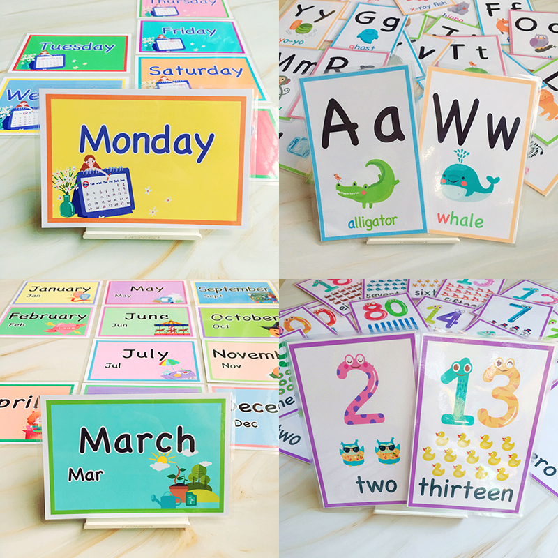 74Pcs 12 months/7 Days/Number/Alphabet Montessori Preschool Toys Learn English Pocket Flash Card for Children Educational Words