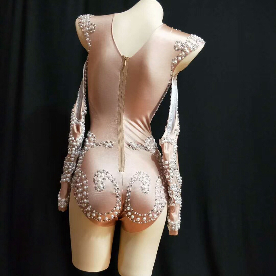 Women's Sexy Bodysuit Bar Nightclub Venetian Pearl Sparkly Rhinestone Stage Performance Costumes Female Singer Dance Wear