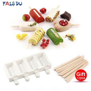 4 Cavities Ice Cream Silicone Mold DIY Tools Reusable Ice Cream Maker Dessert Molds With Wooden Sticks