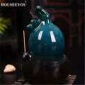 Green Glaze Ceramic Gourd Lotus Waterfall Incense Burner Stick Holder Censer Aroma Smoke Backflow Furnace Fountain Home Decor