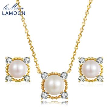 LAMOON 8mm 100% Natural Freshwater Pearl Jewelry 925 Sterling Silver Jewelry Pendant Jewelry Set V036-2