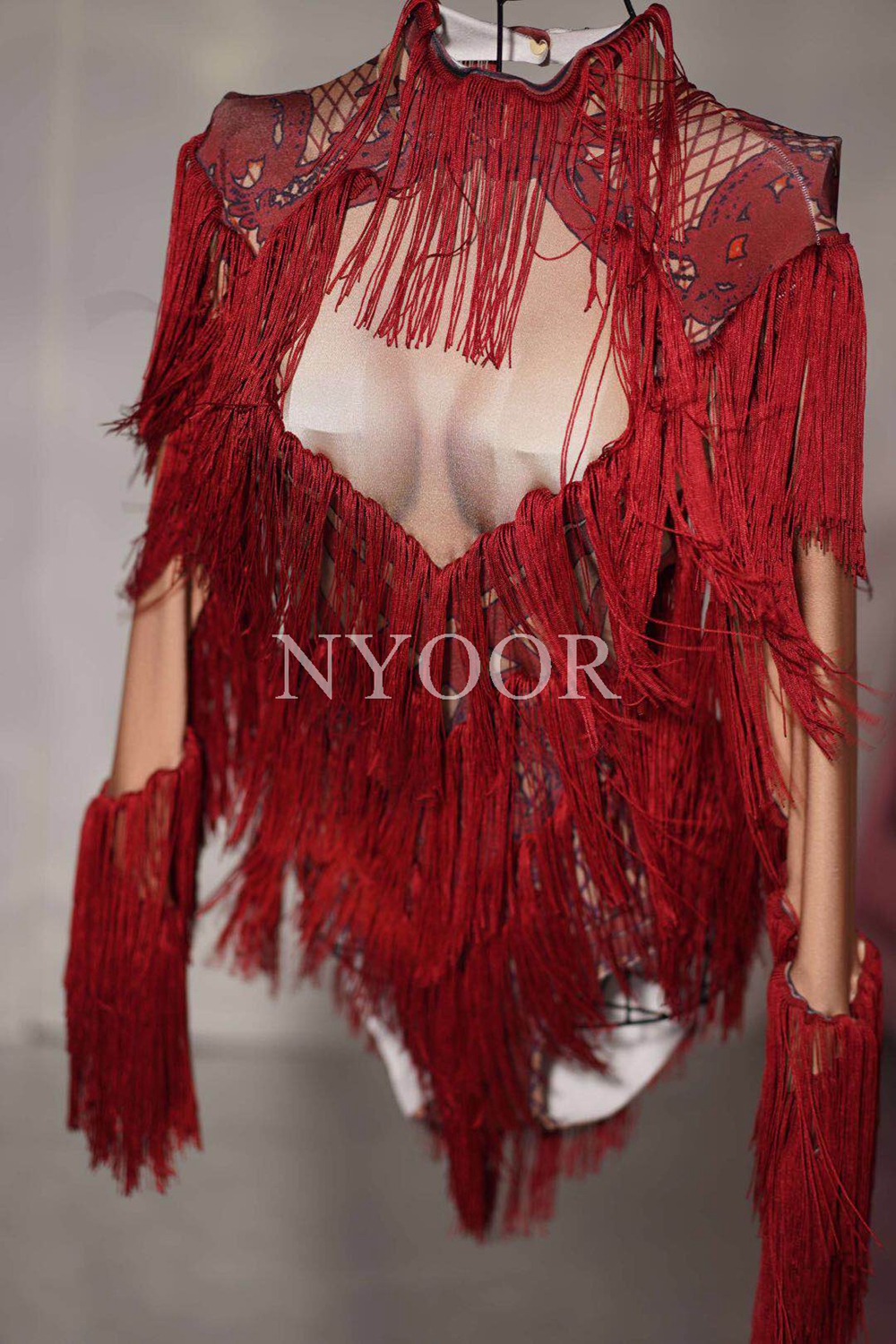 New Red Long Sleeve Tassels Bodysuit Sexy Bar Club Dance Costume Nightclub Singer Performance Show Fringe Leotard Stage Wear