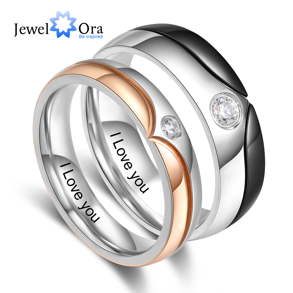 Personalized Gift Stainless Steel Couple Rings with Zirconia Customized Engraving Name Engagement Promise Rings for Women Men