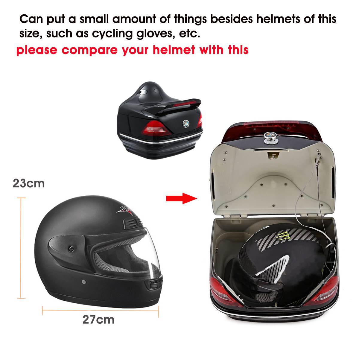 28L Black Motorcycle Trunk W/Lock Motocross Top box Rear Storage Luggage Helmet Topbox Case w/Tail Brake Turn Signal Lamps