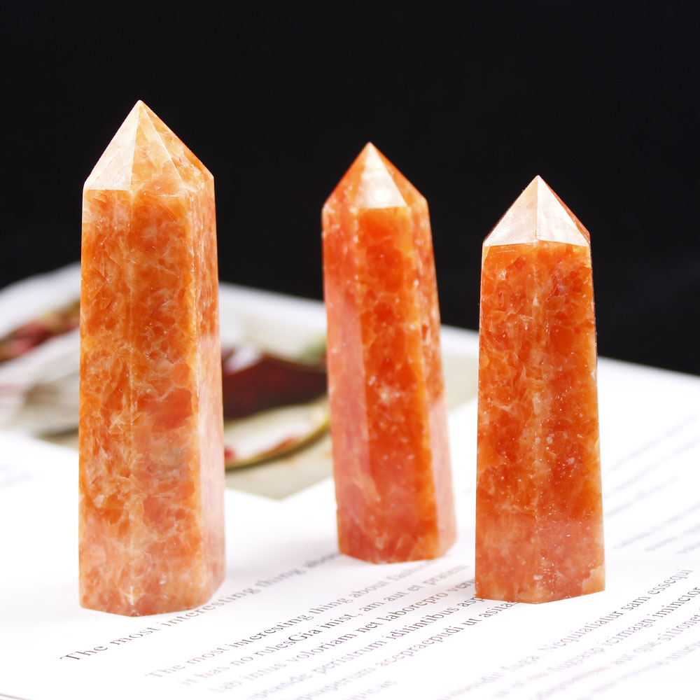 1pc Natural Sunstone Crystal Point Healing Stone Quartz Tower Orange Wand Ornament for Home Decor Reiki Energy Pyramid