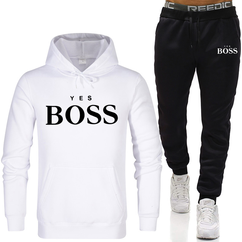 Tracksuit Men Fashion Hoodies Men Suits Brand Yes Boss Sets Men Sweatshirts+Sweatpants Autumn Winter Fleece Hooded Pullover