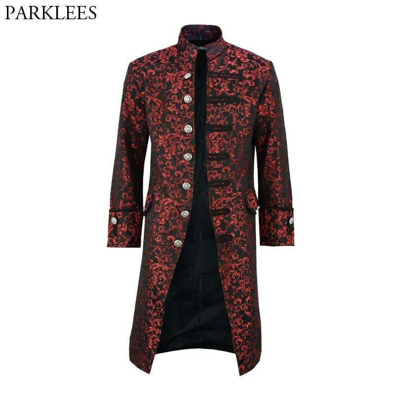 Wine Red Stand Collar Embroidery Long Blazer Men Vintage Medieval Gothic Blazer Jacket Male Party Prom Coat Cosplay Tuxedo Coats