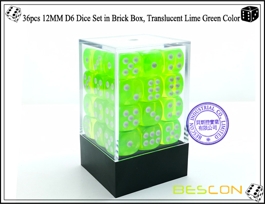 36pcs 12MM D6 Dice Set in Brick Box, Translucent Lime Green Color-1