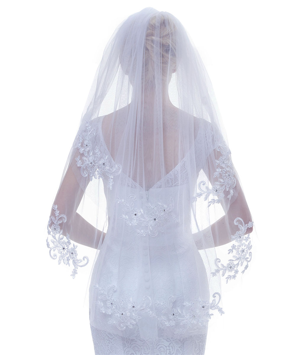 Veu De Noiva Crystal Lace Short Bridal Veil 2 Tier Lace Wedding Veil with Comb