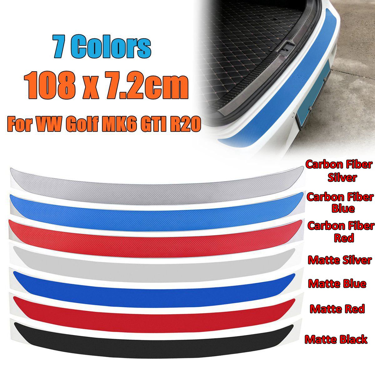 108x7.2cm 1Pc Carbon Fiber Rear Bumper Protector Sticker Trim 7 Colors For VW Golf MK6 GTI R20 Car-Styling Sticker And Decals