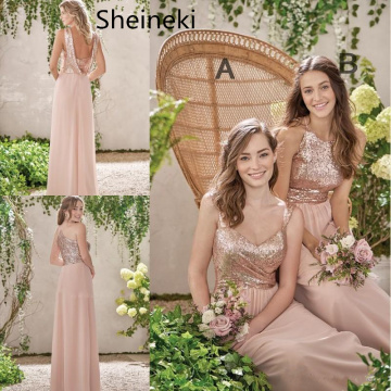 Rose Gold Bridesmaid Dresses A Line Spaghetti Backless Sequins Chiffon Long Beach Wedding Gust Dress vestido de festa longo