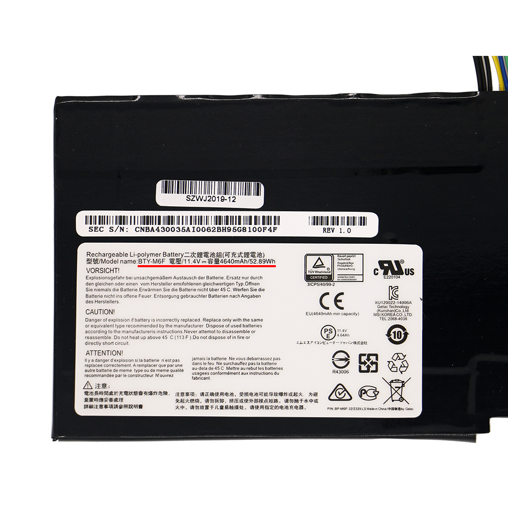 BTY-M6F Laptop Battery For MSI GS60 2PL 2QE 6QE 6QC MS-16H2 2PE MS-16H4 2QC 2QD 6QC-257XCN Series 11.4V 52.89Wh 4640mAh SHUOZB