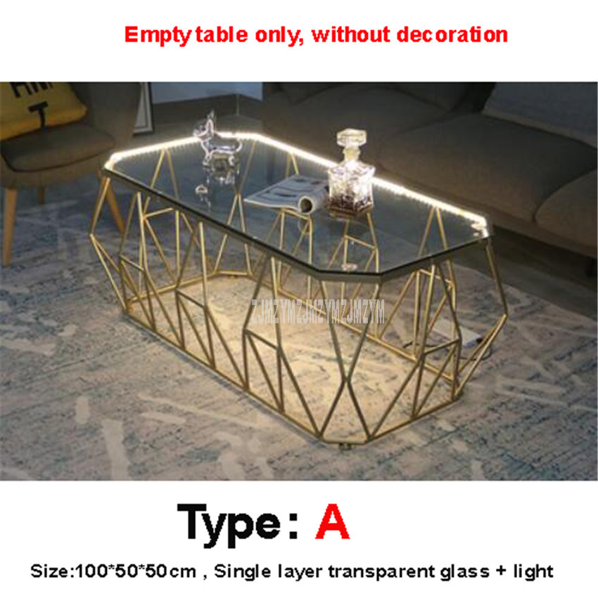 Nordic Rectangular Tea Table With LED Light Creative Single Layer Toughened Glass Desktop Iron Art Leg Modern Living Room Table