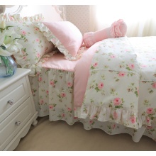 Vintage Pink Floral Ruffled Bedding Duvet Cover Set 100%Cotton Twin Queen King size Girls Bedding set Bedskirt Pillow shams