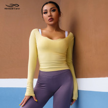 Mermaid Curve Long Sleeved Women T-shirt Gym Running Irregular neckline Waist Length Tight Slim Sports Yoga T-shirts Top