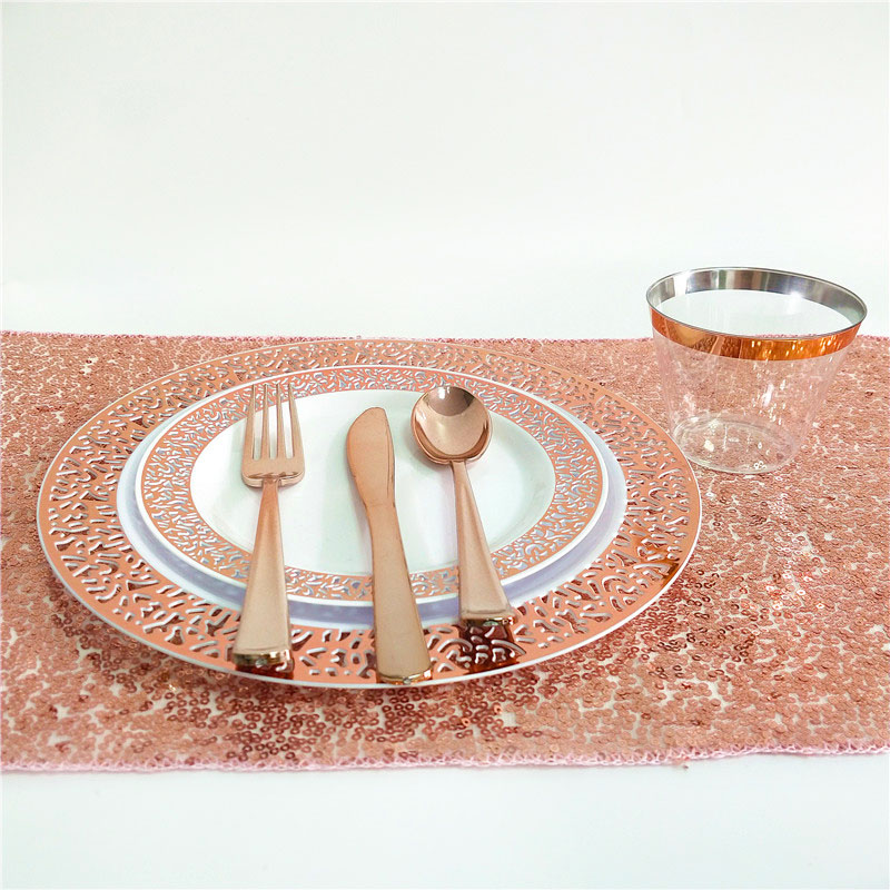 10/20/50 pcs / set Rose Gold Disposable Dinnerware Set Napkins Cups Plastic Plates Fork Knive Spoons for Wedding Party Supplies