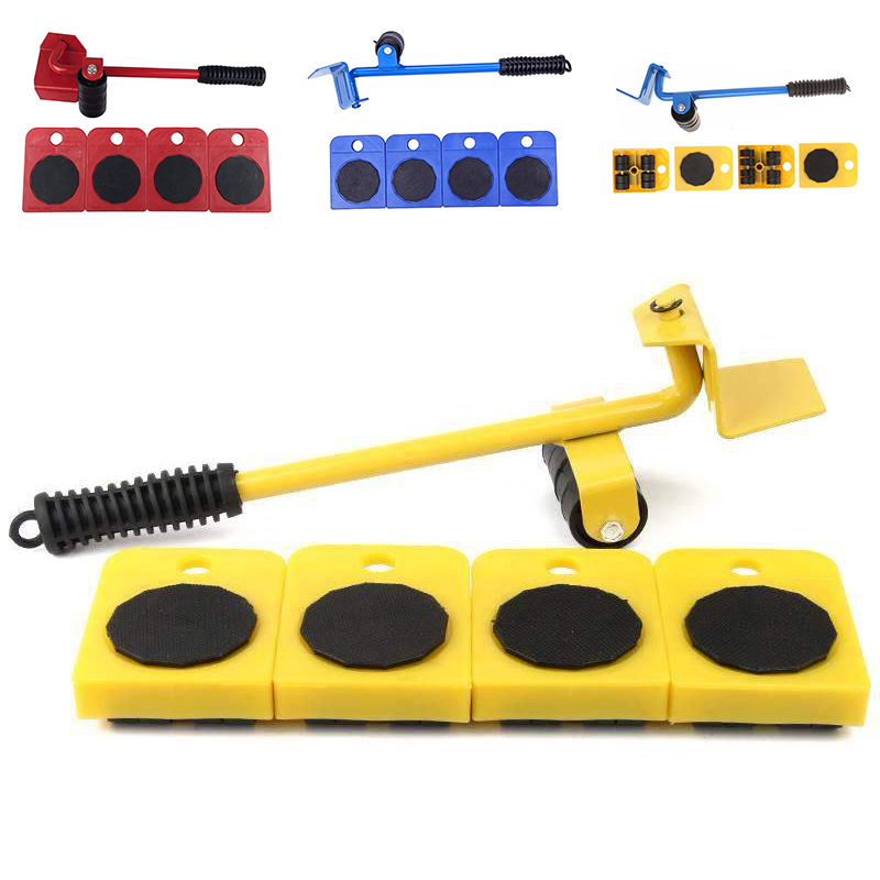 5Pcs/Set Furniture Lifter Sliders Kit Profession Heavy Furniture Roller Move Tool Wheel Bar Mover Device Max Up for 100Kg/220Lbs