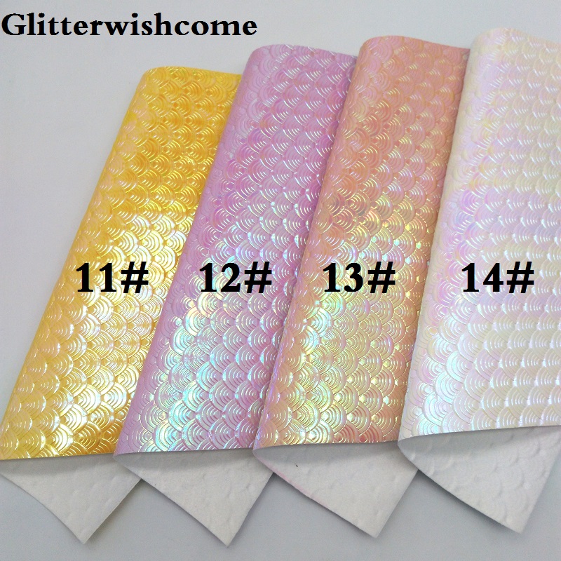 Glitterwishcome 21X29CM A4 Size Vinyl For Bows Embossed Mermaid Fish Grain Leather Fabirc Faux Leather Sheets for Bows, GM083A